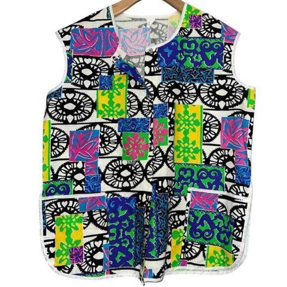Vintage 60’s Women’s Size L White Abstract Mod Geo Print Snap Pocket Front Vest